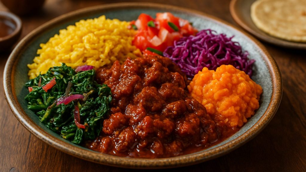 A vibrant plate of colorful dishes including yellow rice, greens, red sauce, and orange mash on a wooden table.