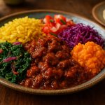 A vibrant plate of colorful dishes including yellow rice, greens, red sauce, and orange mash on a wooden table.