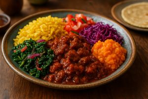 A vibrant plate of colorful dishes including yellow rice, greens, red sauce, and orange mash on a wooden table.
