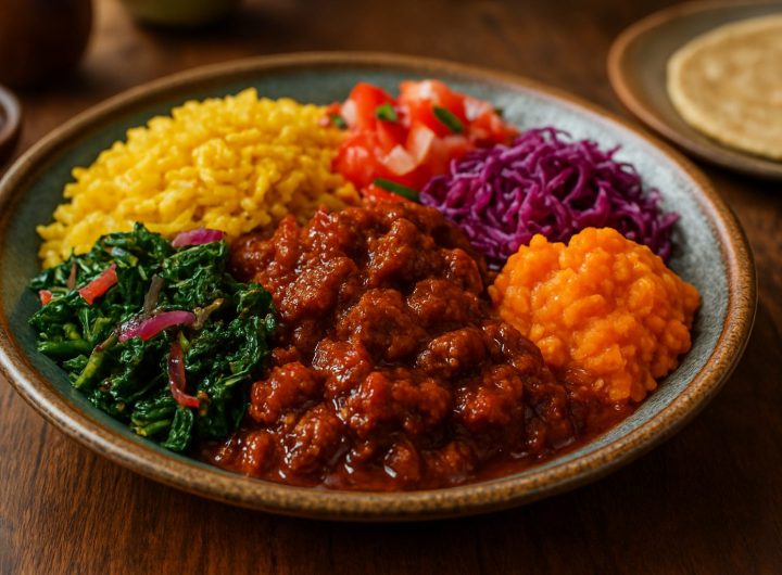 A vibrant plate of colorful dishes including yellow rice, greens, red sauce, and orange mash on a wooden table.
