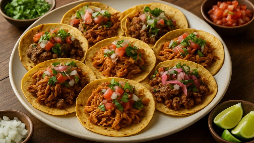 A platter of traditional street tacos with various meats and toppings, surrounded by fresh ingredients.