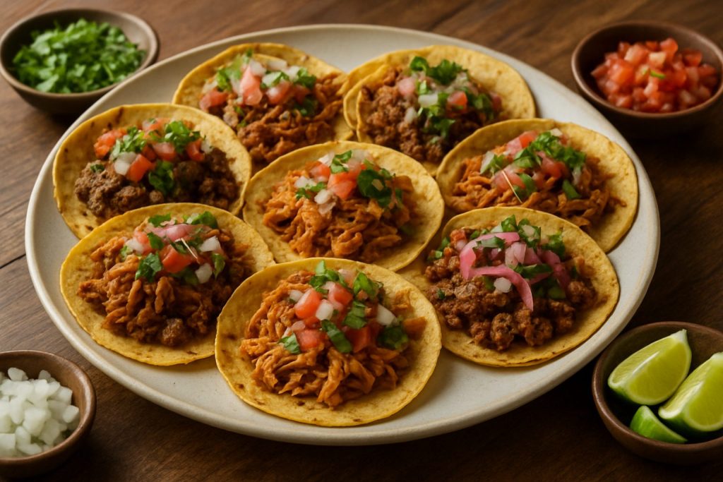 A platter of traditional street tacos with various meats and toppings, surrounded by fresh ingredients.