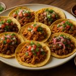 A platter of traditional street tacos with various meats and toppings, surrounded by fresh ingredients.