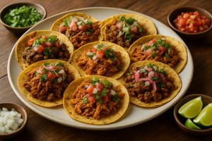 A platter of traditional street tacos with various meats and toppings, surrounded by fresh ingredients.
