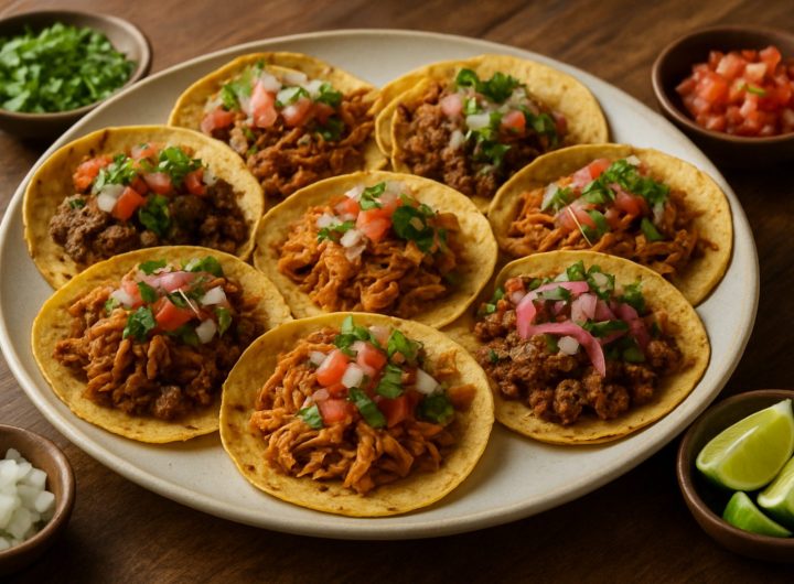 A platter of traditional street tacos with various meats and toppings, surrounded by fresh ingredients.
